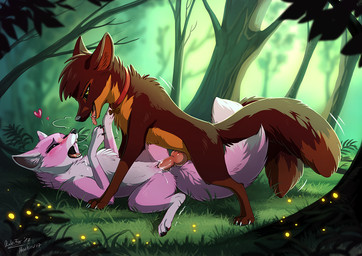 2_tails blush bodily_fluids brown_body brown_fur collar cum cum_in_vagina cum_inside duo erection eyes_closed female female_penetrated feral feral_on_feral forest from_front_position fur genital_fluids genitals green_eyes heart_symbol humanoid_genitalia humanoid_genitalia_on_feral humanoid_vulva humanoid_vulva_on_feral knot looking_pleasured lying male male/female male_penetrating male_penetrating_female missionary_position multi_tail nature on_back on_ground open_mouth outside paws penetration penile penile_penetration penis penis_in_vagina pink_body pink_fur plant saliva saliva_string sex side_view spread_legs spreading tail tongue tongue_out tree vaginal vaginal_penetration vulva hioshiru rukifox michichael canid canine fox mammal 2017 artist_collaboration signature