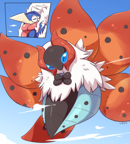 ambiguous_gender blue_body blush carrying_another cloud cutaway day duo extreme_size_difference eyes_closed feral fur happy hug insect_wings macro outside size_difference text white_body white_fur wings listrymistery nintendo pokemon generation_5_pokemon generation_6_pokemon greninja pokemon_(species) volcarona 2025 artist_name digital_drawing_(artwork) digital_media_(artwork) hi_res