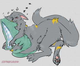 eyes_closed female fur grey_background grey_body grey_fur holding_object holding_pillow hug hugging_object hugging_pillow pawpads paws pillow pink_pawpads relaxing simple_background sleeping solo sound_effects vowelless vowelless_sound_effect yellow_body yellow_fur zzz princessnapped mammal mammal_taur taur hi_res