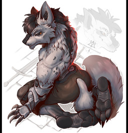 anthro black_body black_fur black_markings black_nose black_sclera bottomwear claws clothed clothing feet foot_fetish foot_focus fur heel_pad looking_back male markings mechanical_arm orange_eyes pawpads paws robotic_arm scales shirtless shorts shorts_only tail toe_claws topless white_body white_fur kredri fervis_(razim) canid canine canis loth-wolf mammal wolf 2025