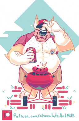 anthro arm_hair barbecue belly big_belly body_hair can chest_hair clothing container eyes_closed front_view fur hat headgear headwear holding_can holding_container holding_object male moobs nipple_piercing nipple_ring nipples obese obese_anthro obese_male overweight overweight_anthro overweight_male piercing red_clothing red_hat red_headwear red_topwear ring_piercing solo standing text topwear white_body white_fur yellow_body yellow_fur chocolateandmilk richard_(chocolateandmilk) canid canine canis domestic_dog mammal hi_res url