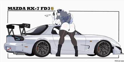 anthro big_breasts big_butt bikini black_bikini black_boots black_clothing black_footwear black_latex black_legwear black_swimwear black_thigh_highs boots breasts butt car clothing female fluffy fluffy_tail footwear fur grey_body grey_fur grey_hair gun hair handgun high_heeled_boots high_heels holding_gun holding_handgun holding_object holding_ranged_weapon holding_revolver holding_weapon latex latex_clothing latex_legwear latex_thigh_highs legwear long_hair looking_back multicolored_body multicolored_fur ranged_weapon revolver shaking_butt shoes skindentation solo swimwear tail text thigh_highs two-piece_swimsuit two_tone_body two_tone_fur vehicle weapon wearing_hat white_body white_fur tianiseul mazda_rx-7 ma_ling_(tianiseul) canid canine canis domestic_dog husky mammal nordic_sled_dog spitz 2026 animated english_text no_sound short_playtime video