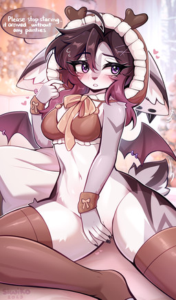 anthro bed blurred_background blush bra breasts clothing covering covering_self dialogue ear_piercing female fluffy fluffy_tail fur furgonomics furniture furry-specific_piercing genitals hair heart_symbol holidays hoodie inner_ear_fluff legwear medium_breasts medium_hair navel on_bed partially_clothed_anthro partially_clothed_female piercing pillow purple_body purple_eyes purple_fur purple_hair ribbons sitting sitting_on_bed solo speech_bubble tail text thigh_highs topwear tuft underwear vulva wing_piercing wraps wrist_wraps siwiko christmas siwiko_(siwiko) bat canid canine hybrid mammal absurd_res english_text hi_res