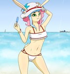 accesory anthro beach bikini bikini_bottom bikini_top breasts clothing dessert female food front_view green_eyes hair hat headgear headwear ice_cream jewelry looking_at_viewer multicolored_hair pink_hair small_breasts smile smiling_at_viewer solo swimwear two-piece_swimsuit psycodraws kusuna_(psyco) lagomorph leporid mammal rabbit absurd_res hi_res