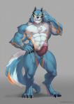 abs anthro balls biceps big_penis biped black_nose blue_body blue_eyes blue_fur chest_tuft claws erection fangs feet fur genitals looking_at_viewer male muscular muscular_anthro muscular_male navel nipples nude orange_body orange_fur pecs penis raised_arm solo standing teeth thick_penis toe_claws tuft vein veiny_penis white_body white_fur tigari randolph_(xuan_sirius) canid canine canis mammal wolf 2016 hi_res signature