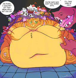 anthro beef belly beverage big_belly black_background bone bow_accessory bow_ribbon burger cake candy chocolate claws dessert dialogue duo fangs female feral floor food fur green_eyes half-closed_eyes heart_symbol huge_belly ice_cream lipstick makeup male meat moobs morbidly_obese morbidly_obese_anthro morbidly_obese_male narrowed_eyes navel obese obese_anthro obese_male open_mouth open_smile orange_body orange_fur overweight overweight_anthro overweight_male pampering pawpads pink_body pizza poking purple_body rescue simple_background sitting size_difference skull skull_head smile speech_bubble steak teeth text tongue tongue_out weight_gain whiskers cleanplague dreamworks mythology puss_in_boots_(franchise) shrek_(series) dragon_(shrek) puss_in_boots_(dreamworks) aquatic domestic_cat dragon felid feline felis fish mammal mythological_creature mythological_scalie scalie tabby_cat english_text hi_res