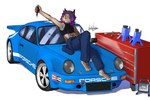 4_toes 5_fingers anthro barefoot black_clothing black_nose black_topwear blue_bottomwear blue_car blue_clothing blue_pants bottomwear bra brown_body brown_fur car clothing countershade_torso countershading feet femboy fingers fur hair hand_on_belly holding_car_keys holding_key holding_object key lamp looking_at_viewer lying lying_on_car male mechanic on_back on_car on_hood pants purple_eyes purple_hair raised_arm simple_background smile solo spoiler_(car) sports_bra striped_body striped_fur stripes toes toolbox tools topwear underwear vehicle white_background workshop wrench fanteliscio champion_spark_plugs porsche porsche_911 drex_the_lynx felid feline iberian_lynx lynx mammal 2024 3:2 digital_drawing_(artwork) digital_media_(artwork) hi_res signature