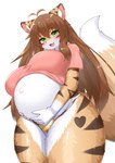 anthro belly big_belly big_breasts biped blush breasts brown_body brown_fur brown_hair clothed clothing clothing_lift countershade_fur countershading dipstick_tail female fluffy fluffy_tail fur gold_bottomwear green_eyes hair hand_on_belly heart_(marking) holding_belly huge_breasts huge_hips huge_thighs inner_ear_fluff kemono long_hair looking_at_viewer low-angle_view markings navel open_mouth orange_body orange_fur outie_navel panties pregnant pregnant_anthro pregnant_female shirt shirt_lift simple_background solo standing stripes sweatdrop_(iconography) tail tail_markings thick_thighs topwear tuft underwear white_background white_body white_fur wide_hips horokusa0519 canid canine felid fox hybrid mammal pantherine tiger hi_res