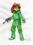 anthro clothing female green_eyes gun hair handgun long_hair military pink_nose pistol ranged_weapon red_hair simple_background solo uniform weapon avoid_posting steve_gallacci albedo_anthropomorphics erma_felna:_edf erma_felna domestic_cat felid feline felis mammal 2016 hi_res traditional_media_(artwork)