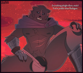 anthro armor balls big_balls big_penis black_body black_border black_fur black_hair black_penis black_sclera border chest_tuft claws clothed clothing flaccid foreskin fur genitals hair humanoid_genitalia humanoid_penis kneeling looking_at_viewer male muscular muscular_male open_mouth partially_clothed penis purple_clothing scar solo teeth text tongue tuft white_clothing white_eyes conditional_dnp welwraith elden_ring fromsoftware blaidd_(elden_ring) canid canine canis mammal wolf english_text hi_res signature