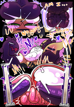 abdominal_bulge anal anal_penetration anthro balls bodily_fluids cum cum_inflation cum_inside demonic erection gameplay_mechanics genital_fluids genitals inflation licking male male/male penetration penis questionable_consent spade_tail stripes tail text tongue halfpricesouls demon felid imp mammal pantherine tiger absurd_res comic english_text hi_res