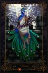 anthro art_nouveau beak blue_body blue_feathers card card_template clothed clothing feathered_wings feathers feet fortune_telling green_body green_feathers head_crest laurel_wreath looking_at_viewer major_arcana male patreon_logo peacock_feather solo tail tail_feathers talons tarot tarot_card text the_tower_(tarot) toes toga website_logo winged_arms wings starvinartmajor patreon avian bird galliform peafowl phasianid 2015 english_text hi_res