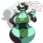 anthro areola areola_slip beverage big_breasts breasts cleavage clothed clothing coffee dialogue female fur green_body green_fur huge_breasts huge_thighs obscured_eyes open_mouth simple_background solo speech_bubble standing tail text thick_thighs wide_hips nonarycubed i_mean_breast_milk sawyer_(end_of_et3rnity) domestic_cat felid feline felis mammal 2023 absurd_res hi_res meme