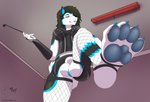 anthro balls clothing feet fishnet_clothing foot_focus genitals gloves gynomorph handwear intersex leather leather_clothing leather_gloves leather_handwear paws riding_crop solo stomping_viewer whip azrealm1 azrealm canid canine canis domestic_dog husky mammal nordic_sled_dog spitz absurd_res hi_res