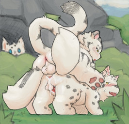 2_tails ambiguous_gender anal anus balls_deep being_watched black_body black_fur blush bodily_fluids cum cum_in_ass cum_inside cum_on_penis curious detailed_background dripping feral fur fur_markings genital_fluids genitals group knot knotted_penis looking_at_another looking_pleasured male male/male markings multi_tail multicolored_body multicolored_fur open_mouth pawpads paws penetration penis saliva saliva_drip tail tongue tongue_out trio two_tone_body two_tone_fur white_body white_fur yellow_eyes isaac_(artist) asian_mythology fabulous_beasts fenz_(studio) mythology hetao_(fabulous_beasts) jiazhutao_(fabulous_beasts) zhanhu_(fabulous_beasts) felid feline felis mammal mengji mythological_creature pantherine snow_leopard colored