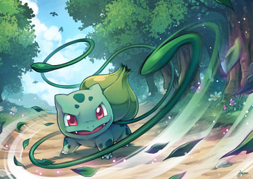 ambiguous_gender attack branch claws cloud contour_blur day facial_markings fangs feral flower forehead_markings fungus grass green_body green_skin head_markings leaf markings motion_blur motion_trail mushroom open_mouth open_smile particles plant pupils quadruped razor_leaf red_eyes sky smile solo teeth tree vine_whip nadou nintendo pokemon bulbasaur elemental_creature flora_fauna generation_1_pokemon pokemon_(species) signature