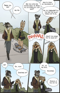 anthro barefoot big_ears biped brown_eyes clothed clothed_anthro clothing container cup dialogue duo feet female fur grey_body grey_fur head_tuft holding_container holding_cup holding_object holding_skateboard male outside pointy_ears prick_ears skateboarding snout speech_bubble text tuft tusks walking yellow_sclera falco_works pen_(falco_works) rosa_(falco_works) cervine deer lagomorph leporid mammal rabbit tufted_deer 2024 comic digital_media_(artwork) english_text hi_res