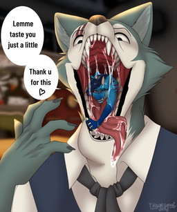 anthro bodily_fluids drooling duo female gynomorph intersex macro male male/female micro mouth_shot open_mouth saliva tongue tongue_out vore y.kaila beastars mythology legoshi_(beastars) lyla_(lyladragon) canid canine canis dragon mammal mythological_creature mythological_scalie scalie wolf 5:6 absurd_res hi_res