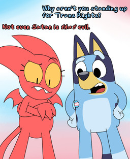 3_fingers abstract_background anthro cute_fangs dialogue duo eyelashes fangs female fingers gloves_(marking) hands_on_hips leg_markings lgbt_pride low-angle_view markings open_mouth politics pride_colors socks_(marking) teeth text transgender_pride_colors wings yellow_inner_ear yellow_sclera young aaron_amethyst bluey_(series) satina_(series) bluey_heeler satina australian_cattle_dog canid canine canis cattledog demon domestic_dog herding_dog imp mammal pastoral_dog absurd_res crossover english_text hi_res portrait three-quarter_portrait
