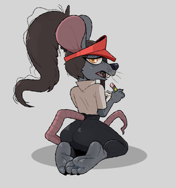 4_toes anthro barefoot big_ears bottomwear brown_hair buckteeth butt claws clothed clothing feet female foot_focus fully_clothed fur grey_body grey_fur hair hat headgear headwear holding_object holding_pencil humanoid_feet looking_at_viewer looking_back looking_back_at_viewer pants pencil_(object) plantigrade ponytail simple_background soles solo teeth toe_claws toes visor_cap whiskers freakwithatag ratricia_(el-k) mammal murid murine rat rodent 2026 absurd_res hi_res