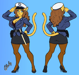 anthro belt belt_buckle belt_pouch bottomwear breasts brown_hair buckle butt clothing ears_down eyebrows female footwear fur gesture green_eyes hair hat headgear headwear high_heels legwear open_mouth pantyhose pivoted_ears poland police police_hat police_officer police_uniform polish_people's_republic salute shoes skirt smile smiling_at_viewer solo tail uniform wearing_hat yellow_body yellow_fur chisheq aneta_(chisheq) domestic_cat felid feline felis mammal hi_res