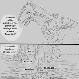 armor city cityscape claws cutaway death_count destruction dialogue feral invasion landscape_dwarfing macro mountain_range scrape skull_symbol speech_bubble text toe_claws gygjar alien dinosaur dromaeosaurid prehistoric_species reptile saurischian scalie theropod velociraptor 1:1 comic english_text hi_res monochrome