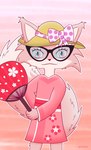 ambiguous_gender anthro asian_clothing big_tail bow_hat cherry_blossom clothing clothing_bow east_asian_clothing eyewear flower fluffy fluffy_tail fur glasses hat headgear headwear japanese_clothing kimono male pink_background pink_body pink_eyes pink_fur plant prunus_(flower) simple_background solo straw_hat sun_hat tail squirrelraw pixile_studios super_animal_royale fan_character kerolink canid canine fox mammal hi_res