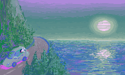 ambiguous_gender anthro car day detailed_background driving fur green_sky mountain pink_body pink_fur plant road scenery sea sky solo sun tree vehicle water demensa canid canine canis domestic_dog mammal 2019 5:3 cool_colors digital_media_(artwork) pixel_(artwork)