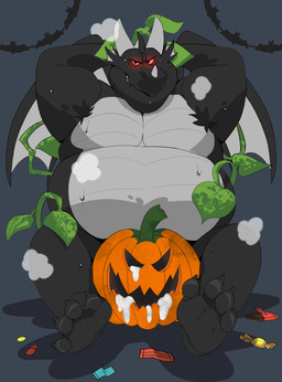anthro armpit_fetish armpit_hair black_body bodily_fluids body_hair claws cum dorsal_fin dorsal_frill ear_fins fin food frill_(anatomy) fruit genital_fluids grey_body horn leaking_cum looking_at_viewer male multicolored_body musk overweight overweight_male plant pumpkin red_eyes spines vines wings spazz_bear mythology negadrake dragon mythological_creature mythological_scalie scalie 2022 absurd_res hi_res