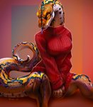 5_fingers anthro blep bottomless breasts clothed clothing covering covering_crotch covering_self female fingers forked_tongue humanoid_hands iridescent_scales long_neck long_tail looking_at_viewer multicolored_body multicolored_scales non-mammal_breasts orange_eyes pupils purple_tongue red_clothing red_sweater red_topwear ribbed_clothing ribbed_sweater scales simple_background slit_pupils solo sweater tail tongue tongue_out topwear fivel python reptile reticulated_python scalie snake 2020 digital_media_(artwork) hi_res signature