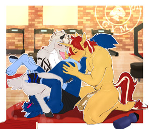 anal animal_genitalia animal_penis anthro anthro_on_anthro athletic athletic_female athletic_male ball_grab balls bisexual bisexual_sandwich blue_body blue_fur blush bodily_fluids bottle bottomless bottomless_male bottomwear breasts breath clothed clothing container cunnilingus ear_piercing equine_genitalia equine_penis erection exercise eyewear female female_penetrated fur genital_fluids genitals group group_sex gym gym_equipment hair horn logo looking_pleasured lying male male/female male/male male_penetrating male_penetrating_female male_rimming_male motion_lines oral oral_penetration penetration penile penis piercing public public_sex rimming sandwich_position sex sexercise shorts smile tail tattoo threesome trio twitching vaginal voyeur water_bottle letsdrawcats mythology firelander liberty_(bluecoffeedog) vasira bovid canid canine canis caprine domestic_dog equid equine goat mammal mythological_creature mythological_equine unicorn 2026 colored digital_drawing_(artwork) digital_media_(artwork) hi_res