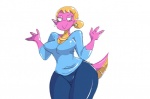 big_butt bottomwear butt clothing curvy_figure denim denim_bottomwear denim_clothing ear_piercing eyelashes eyewear feet female gem glasses glistening hair hair_bun humanoid_pointy_ears jeans legwear lizard_tail markings pants pearl_(gem) piercing pink_body pink_scales pink_skin pointy_ears scales simple_background smile solo voluptuous white_background wide_hips yellow_body yellow_skin fubas scalie_schoolie sally_(scalie_schoolie) amphibian humanoid lungless_salamander salamander spring_salamander digital_media_(artwork) portrait three-quarter_portrait