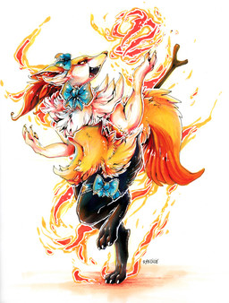 fire simple_background smile solo white_background ravoilie nintendo pokemon braixen generation_6_pokemon pokemon_(species) 2015 hi_res traditional_media_(artwork)