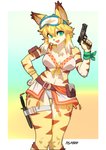 5_fingers anthro belt black_nose breasts browning_hi-power clothed clothing cute_fangs eyewear fangs female female_anthro fingers fur goggles green_eyes gun hair hand_on_hip handgun holding_object holding_weapon kemono knife looking_at_viewer multicolored_body multicolored_fur navel open_mouth ranged_weapon solo stripes teeth trigger_discipline weapon yellow_body yellow_fur pgm300 cygames world_flipper mia_(world_flipper) felid mammal pantherine tiger 2020 absurd_res digital_media_(artwork) hi_res portrait shaded three-quarter_portrait