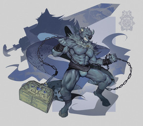 abs alternate_species anthro biped broken_horn bulge chain clenched_teeth cloak clothing fur grey_body grey_fur hammer holding_object holding_weapon hooves horn male muscular muscular_anthro muscular_male pecs purple_eyes solo teeth tools weapon eruprior elden_ring fromsoftware blaidd_(elden_ring) bovid bovine cattle mammal 2023 digital_media_(artwork) hi_res