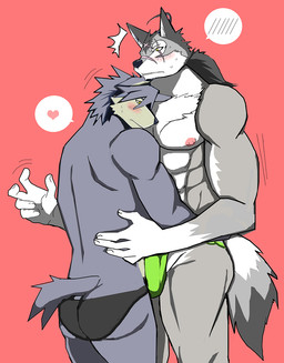abs anthro black_nose blush clothed clothing duo heart_symbol male male/male muscular muscular_male nipples standing topless underwear bearlovestiger13 morenatsu kouya_aotsuki ten_kodori canid canine canis domestic_dog husky mammal nordic_sled_dog spitz wolf 2015 hi_res