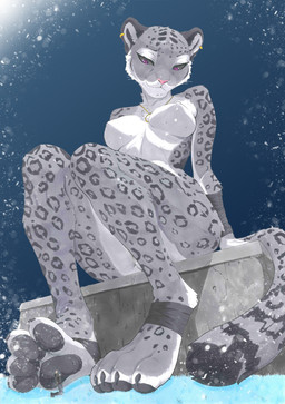 ankle_wraps anthro arm_wraps bandage black_sclera blue_background cheek_tuft claws clothed clothed_human clothing digitigrade dipstick_tail duo ear_piercing ear_ring facial_tuft feet female foot_focus fur gold_(metal) gold_jewelry grey_body grey_fur head_tilt inner_ear_fluff jewelry kneeling lens_flare leopard_spots looking_at_another low-angle_view macro male male/female markings mostly_nude mostly_nude_anthro mostly_nude_female neck_tuft necklace nipples outside pawpads paws piercing pink_nose pupils red_eyes ring_piercing simple_background sitting size_difference slim_female slit_pupils smaller_male snow snowing soles spots spotted_body spotted_fur tail tail_markings toe_claws toes topless topless_female tuft wraps qufozart filp-verse farishta kazeem felid human mammal pantherine snow_leopard 2025 detailed hi_res traditional_media_(artwork)