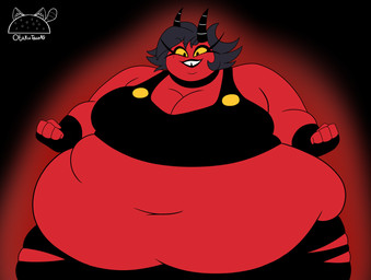 belly belly_overhang big_belly big_breasts black_background black_bottomwear black_clothing black_eyes black_fingerless_gloves black_gloves black_hair black_handwear black_horn black_lips black_pants black_topwear bottomwear breasts chubby_cheeks clothing eyelashes female fingerless_gloves gloves hair handwear horn huge_belly huge_breasts huge_thighs hyper hyper_belly hyper_thighs lips logo looking_at_viewer markings mole_(marking) morbidly_obese morbidly_obese_female morbidly_obese_humanoid navel not_furry obese obese_female obese_humanoid overweight overweight_female overweight_humanoid pants red_body red_skin simple_background smile smiling_at_viewer solo striped_horn stripes teeth text thick_thighs three-quarter_view tight_clothing topwear torn_bottomwear torn_clothing torn_pants weight_gain white_horn yellow_sclera otakutacoag hellaverse helluva_boss millie_(helluva_boss) demon humanoid imp 2025 artist_logo artist_name colored digital_media_(artwork) flat_colors hi_res portrait three-quarter_portrait