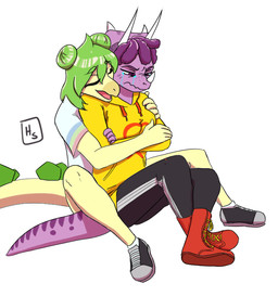 anthro bodily_fluids clothed clothing crying duo facial_horn female freckles green_hair hair hoodie horn hug markings multicolored_body open_mouth purple_body purple_eyes purple_hair sitting tears topwear two_tone_body yellow_body heartsick cavemanon_studios goodbye_volcano_high ko_op_(game_developer) snoot_game stella_(gvh_beta) trish_(gvh) ceratopsian ceratopsid chasmosaurine dinosaur marginocephalian ornithischian prehistoric_species reptile scalie stegosaurian stegosaurus thyreophoran triceratops