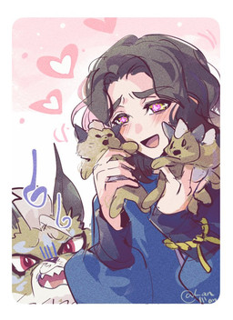 black_hair blush brown_body brown_fur creepy_face doll duo facial_markings feral fur hair head_markings heart_symbol humor hypnosis male markings mind_control red_eyes scared lanllan bandai_namco digimon digimon_beatbreak kyo_sawashiro cougarmon digimon_(species) human mammal