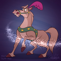 all_fours angry buckteeth feral fur harness head_feathers hooves magic male nude open_mouth solo sparkles tail teeth text transformation wide_eyed atimon disney disney's_cinderella the_great_mouse_detective basil_(disney) equid equine horse mammal 1:1 2023 signature