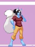 2017 3:4 4_toes 5_fingers absurd_res anthro barefoot biped black_hair black_nose black_sclera blue_body blue_fur bottomwear canid canine cel_shading claws clothed clothing dipstick_ears dipstick_tail drinking ear_markings feet fingers fox fully_clothed fur hair hand_on_hip hi_res holding_object jaeh male mammal markings multicolored_ears multicolored_tail pants purple_background raised_tail shaded shirt short_hair simple_background solo standing straw_(disambiguation) t-shirt tail tail_markings toes topwear white_body white_fur