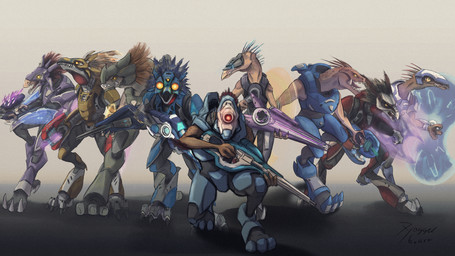 3_fingers 3_toes ambiguous_gender anthro armor beak beam_rifle digitigrade energy_shield energy_weapon face_covered feather_hair feathered_crest feathers feet fingers group head_crest headgear helmet kneeling looking_at_viewer needler plasma_rifle pseudo_hair quill_hair ranged_weapon sharp_teeth simple_background standing teeth toes weapon akilae06 halo_(series) microsoft xbox_game_studios alien avian ibie'shan kig-yar ruuhtian scalie t'vaoan 16:9 colored hi_res widescreen