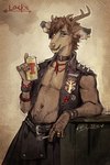 alcohol alternative_fashion anthro antlers beer belt beverage beverage_can bottomwear brown_body brown_fur brown_hair cigarette clothing collar denim denim_clothing denim_topwear denim_vest ear_piercing ear_ring fur gauged_ear hair half-closed_eyes horn kilt male narrowed_eyes piercing punk ring_piercing simple_background smile solo studded_belt studs topwear vest wristband bleats deer mammal