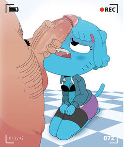 accessory anthro blue_body blue_fur blue_hair blush bottomwear breasts cleavage clothed clothing duo erection fangs female frown fur genitals hair hair_accessory hairpin jacket kneeling male male/female markings open_mouth penis penis_on_face pink_nose pubes sitting skirt tail teeth tongue topwear whisker_markings goz-o cartoon_network the_amazing_world_of_gumball nicole_watterson felid feline human mammal hi_res