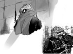 angry anthro drawing for_a_head male solo marcelo_wolfy dorohedoro kaiman_(dorohedoro) alligatorid animal_head animal_humanoid caiman crocodilian humanoid reptile scalie 4:3 black_and_white comic monochrome sketch