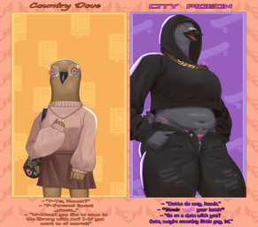 anthro beak biped black_beak black_bottomwear black_clothing black_hoodie black_pants black_topwear bottomwear brown_body brown_bottomwear brown_clothing brown_feathers brown_skirt clothing crop_hoodie duo eyewear feathers female glasses gold_(metal) gold_jewelry gold_necklace grey_body grey_feathers hoodie jewelry navel necklace non-mammal_navel orange_eyes pants pubes_exposed round_glasses skirt sweater text thong topwear underwear goldcrustedchicken avian bird columbid dove pigeon 2025 absurd_res digital_media_(artwork) english_text hi_res