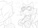 anthro clothing duo electronics eyewear glasses gloves handwear happy headgear headphones headset heart_symbol male open_mouth open_smile shirt smile t-shirt tail tail_motion tailwag topwear kalk427 sega sonic_forces sonic_the_hedgehog_(series) custom_character_(sonic_forces) gadget_the_wolf sanic sonic_the_hedgehog canid canine canis eulipotyphlan hedgehog mammal wolf 4:3 meme monochrome sketch