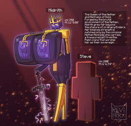 areola big_areola big_breasts big_nipples black_body bottomwear breasts chain clothing crown female genitals half-closed_eyes headgear huge_breasts ineffective_clothing legwear lips loincloth melee_weapon narrowed_eyes nipple_piercing nipples not_furry piercing purple_areola purple_nipples shoulder_pads solo sword text thick_lips thigh_highs vulva weapon revifrry microsoft minecraft mojang xbox_game_studios enderman humanoid absurd_res english_text hi_res