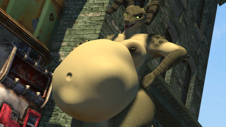 2_horns 5_fingers anthro areola belly big_areola big_belly big_breasts big_nipples big_tail black_body breasts building claws day female fingers green_body green_eyes green_scales hand_on_belly hand_on_hip horn huge_belly narrowed_eyes navel nipples non-mammal_breasts non-mammal_navel non-mammal_nipples nude nude_anthro nude_female nuka-cola open_mouth outdoor_nudity outside overweight overweight_anthro overweight_female ruins scales sharp_teeth smile solo tail teeth thick_thighs tongue tongue_out vending_machine vore thevestige vulgarvictor_(modeler) fallout microsoft vore_day mommyclaw_(vulgarvictor) deathclaw scalie 16:9 3d_(artwork) digital_media_(artwork) hi_res source_filmmaker_(artwork) widescreen